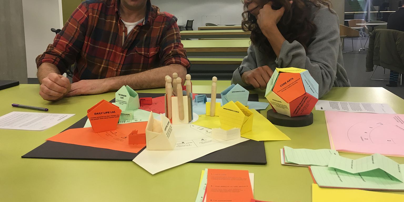 Participants playing a critical design board game about mental health services
