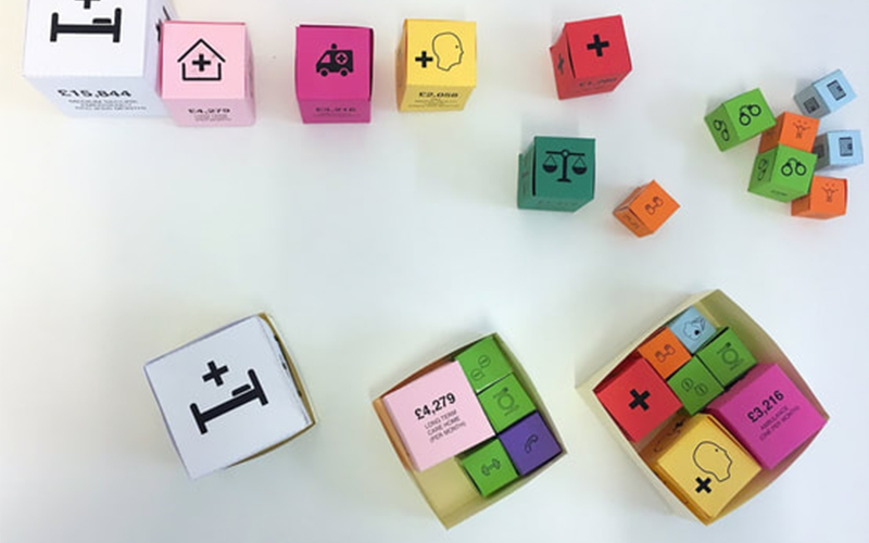 Colour-coded paper cubes representing different care costs and services